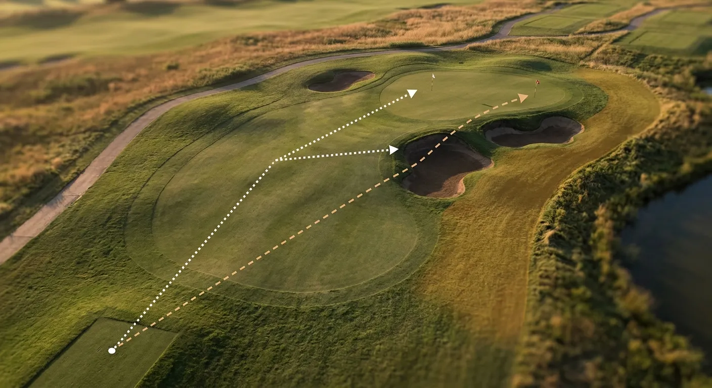 18 洞決策流程：Tee Shot → Approach → Recovery → Putting，每一階段都有「保守 vs 攻擊」的分岔