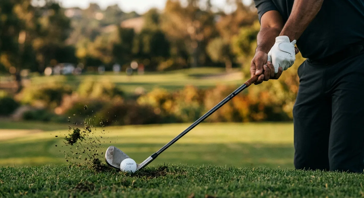 鐵桿擊球 — 雙手在球前、桿身前傾、divot 出現在球的目標側